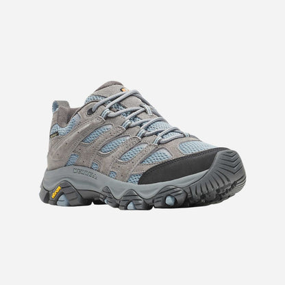 Gray hiking shoe with blue accents on a white background