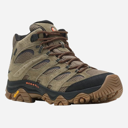 A Merrell mid-cut hiking boot in olive green and brown, featuring a lace-up design, mesh panels, and a rugged brown and black outsole, shown against a light gray background.
