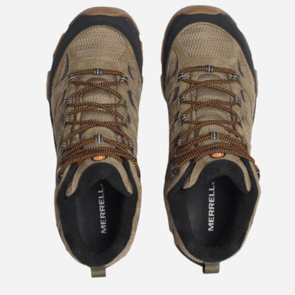 A pair of Merrell hiking boots in a tan and brown colorway, shown from a top-down view against a light gray background.