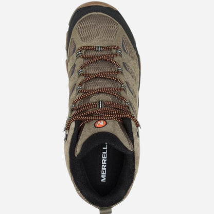 A single Merrell hiking boot shown from a top-down view against a light gray background. The boot features a taupe-brown mesh and suede upper, brown and black laces, and a black interior with the Merrell brand name printed in white.