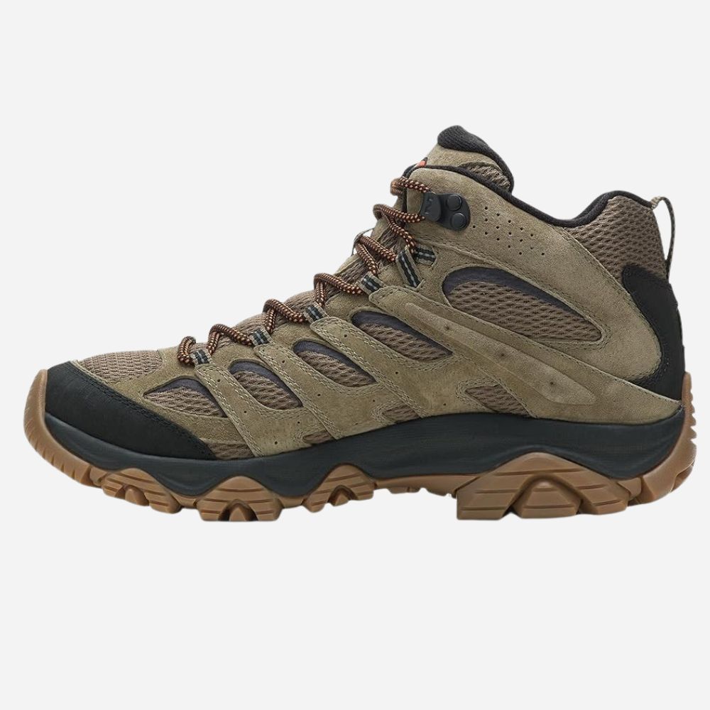 A mid-cut hiking boot in brown suede and mesh with black protective accents, brown laces, and a rugged brown and black sole, shown from a side profile on a light gray background.