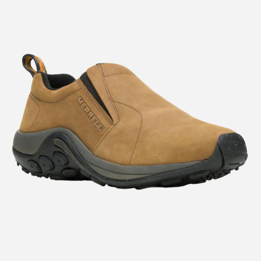 Merrell slip-on shoe in tan suede with a black and gray sole, shown from a side profile on a light gray background.