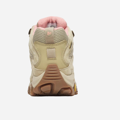 Beige and brown shoe with pink lining on a white background