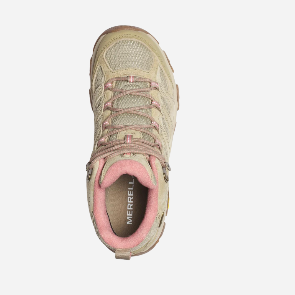 Beige and pink hiking boot with 'Merrell' branding on a white background