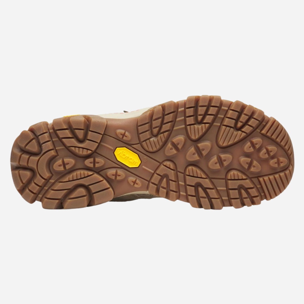 Brown boot sole with a yellow label on a white background