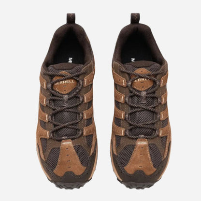 A pair of Merrell hiking shoes in brown and black, shown from a top-down view on a light gray background.