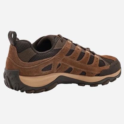A brown and black hiking shoe with a tan midsole, shown from a side profile view against a light gray background.