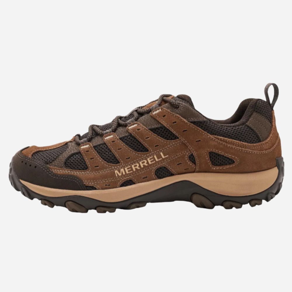 A brown and black Merrell hiking shoe shown in a side profile view against a light gray background.