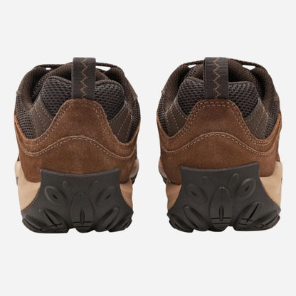 A pair of brown and black athletic sneakers shown from the back, featuring a brown suede and mesh upper with black soles and heel protectors, set against a plain light gray background.