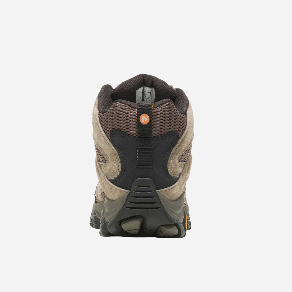 Hiking boot with brown and black design on a white background