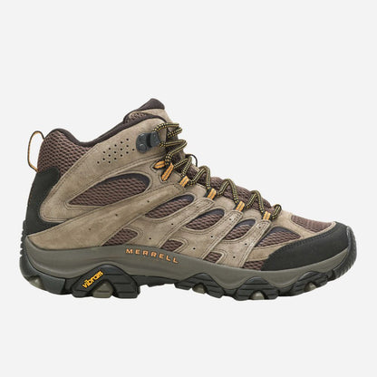 Brown hiking boot with visible Merrell branding on a white background