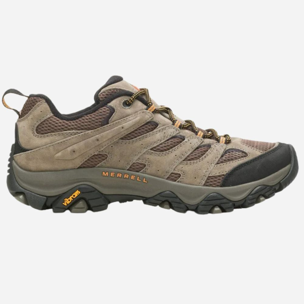 A Merrell hiking shoe in brown and gray suede and mesh, featuring a rugged black and gray outsole with a visible Vibram logo, shown against a light gray background.