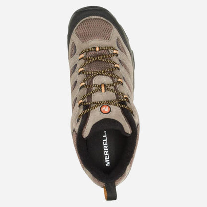 A Merrell hiking shoe shown from a top-down view, featuring a brown and gray mesh upper with olive green laces and a black toe cap, on a light gray background.