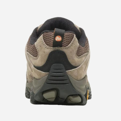 A rear three-quarter view of a Merrell hiking shoe in brown suede and mesh with black accents, set against a plain light gray background.
