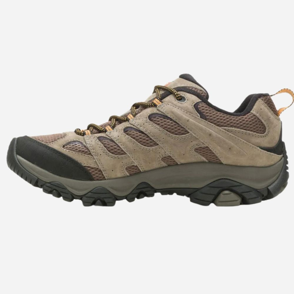 A single hiking shoe in a light brown and gray colorway, shown from the side against a plain light gray background.