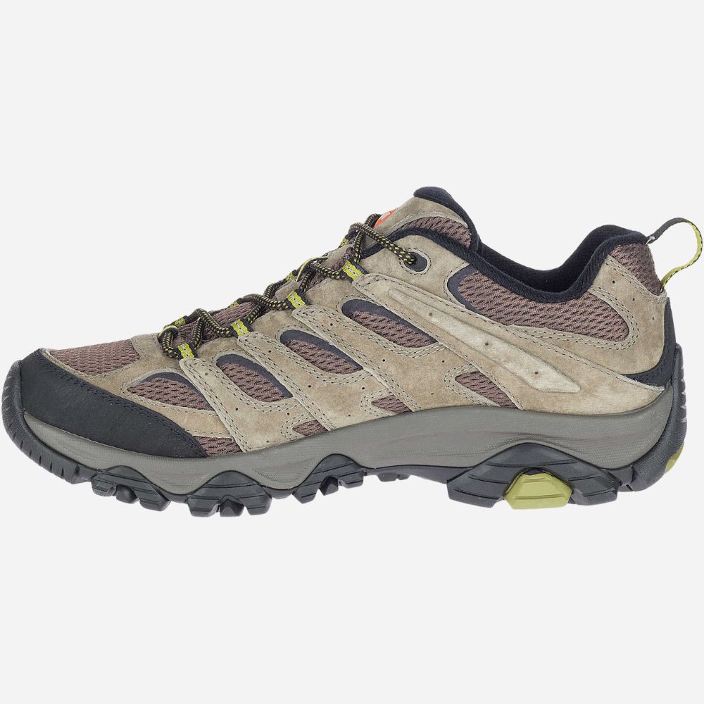 Beige and brown hiking shoe on a white background
