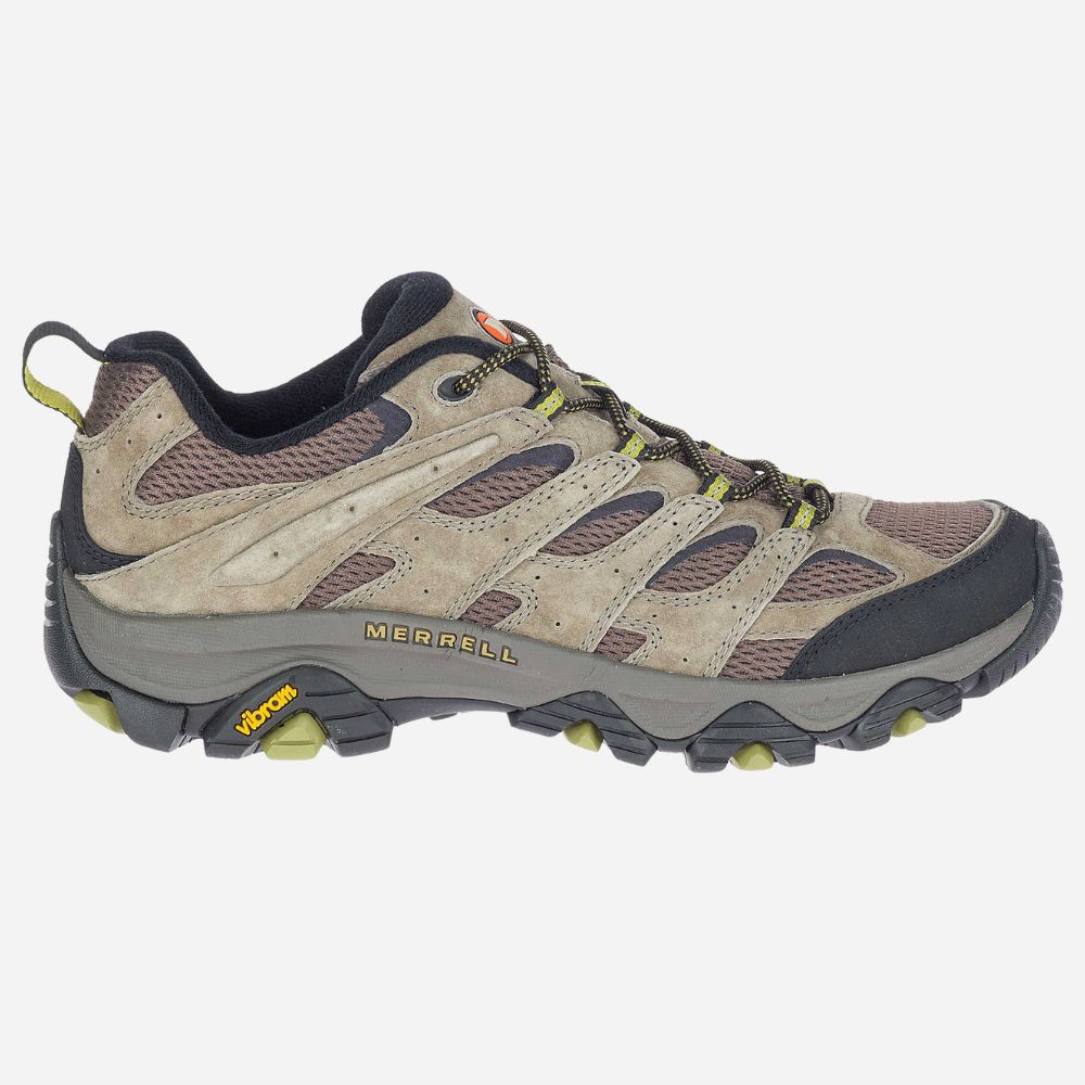 Brown hiking shoe with black and yellow accents on a white background