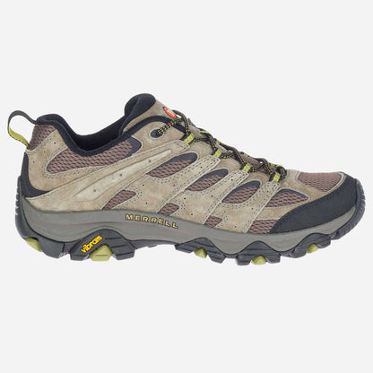 Brown hiking shoe with black and yellow accents on a white background