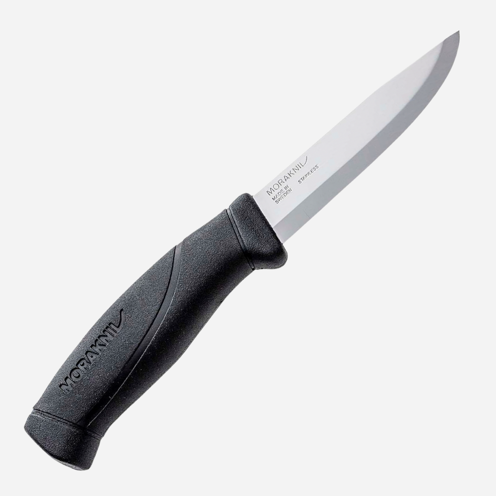 Knife with black handle and silver blade on a white background