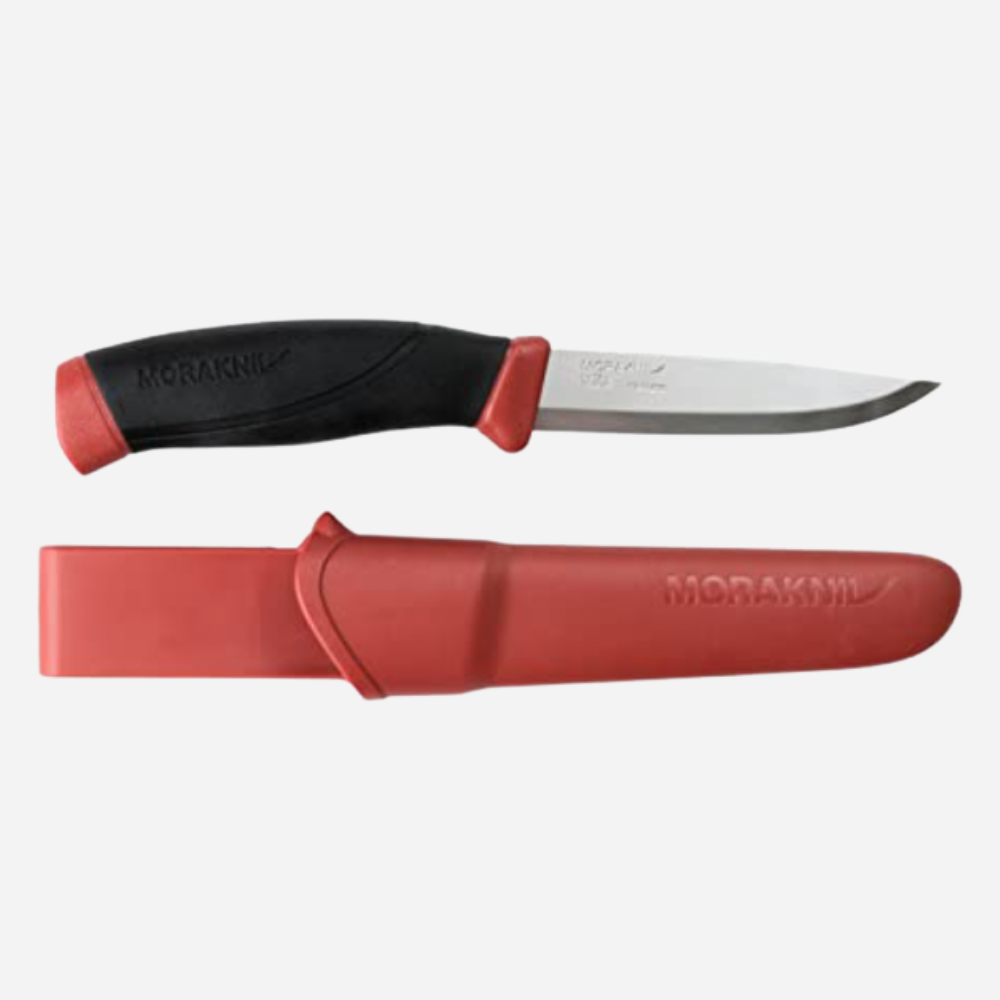 Morakniv knife with red sheath on a white background