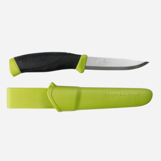 Morakniv knife with green handle and sheath on a white background