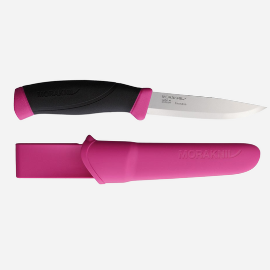Morakniv knife with pink sheath on a white background