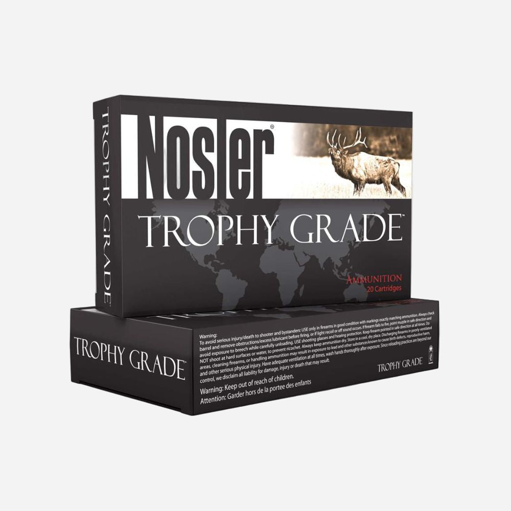 Nosler Trophy Grade ammunition box on a white background