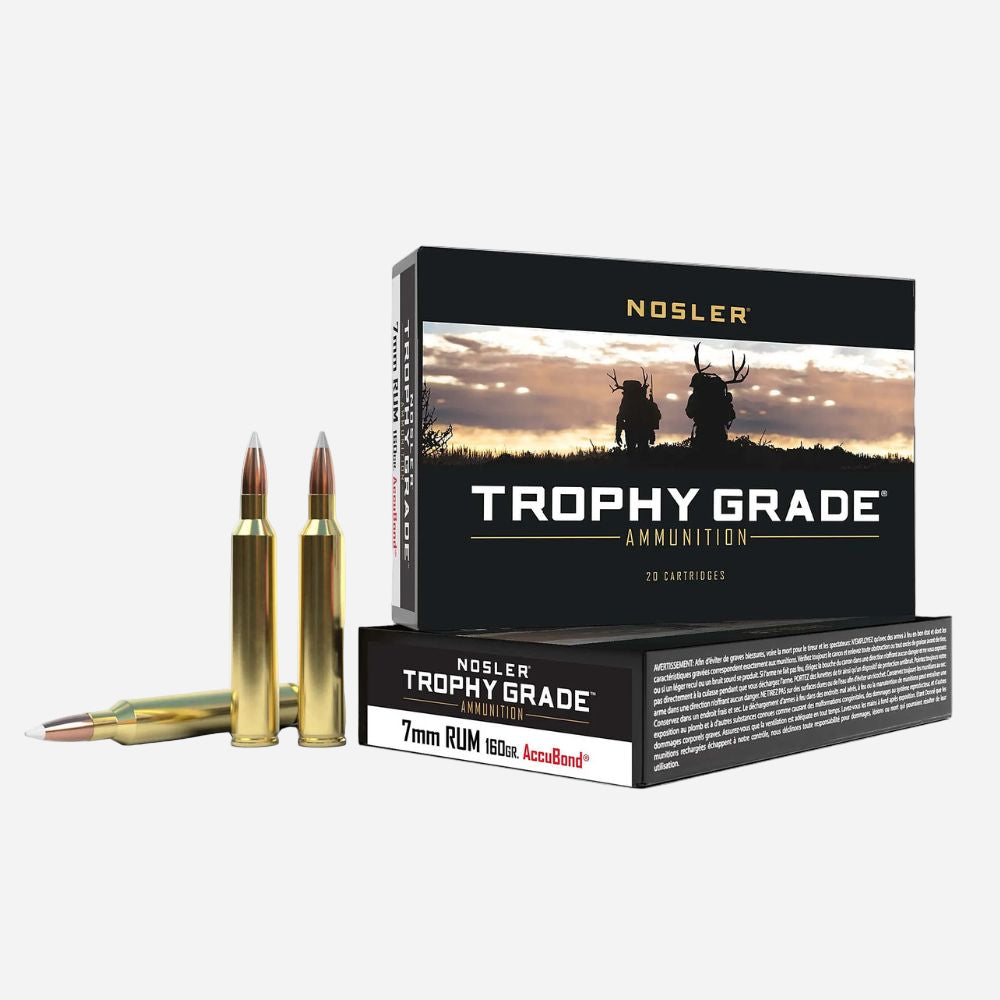 Nosler Trophy Grade ammunition box with two bullets on a white background