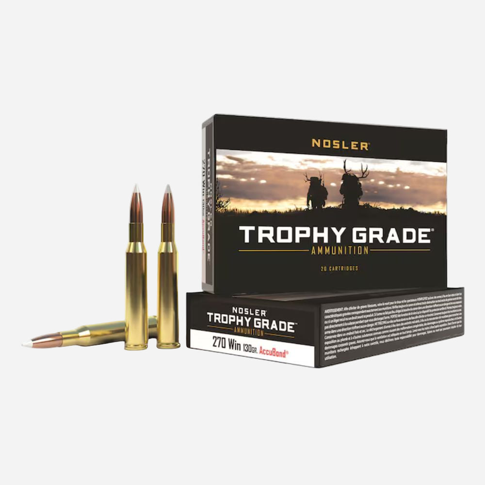 Nosler Trophy Grade ammunition box with two bullets on a white background