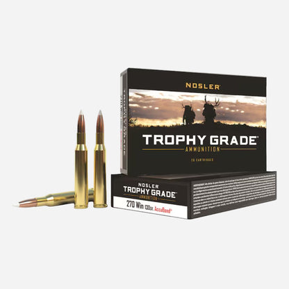 Nosler Trophy Grade ammunition box with two bullets on a white background