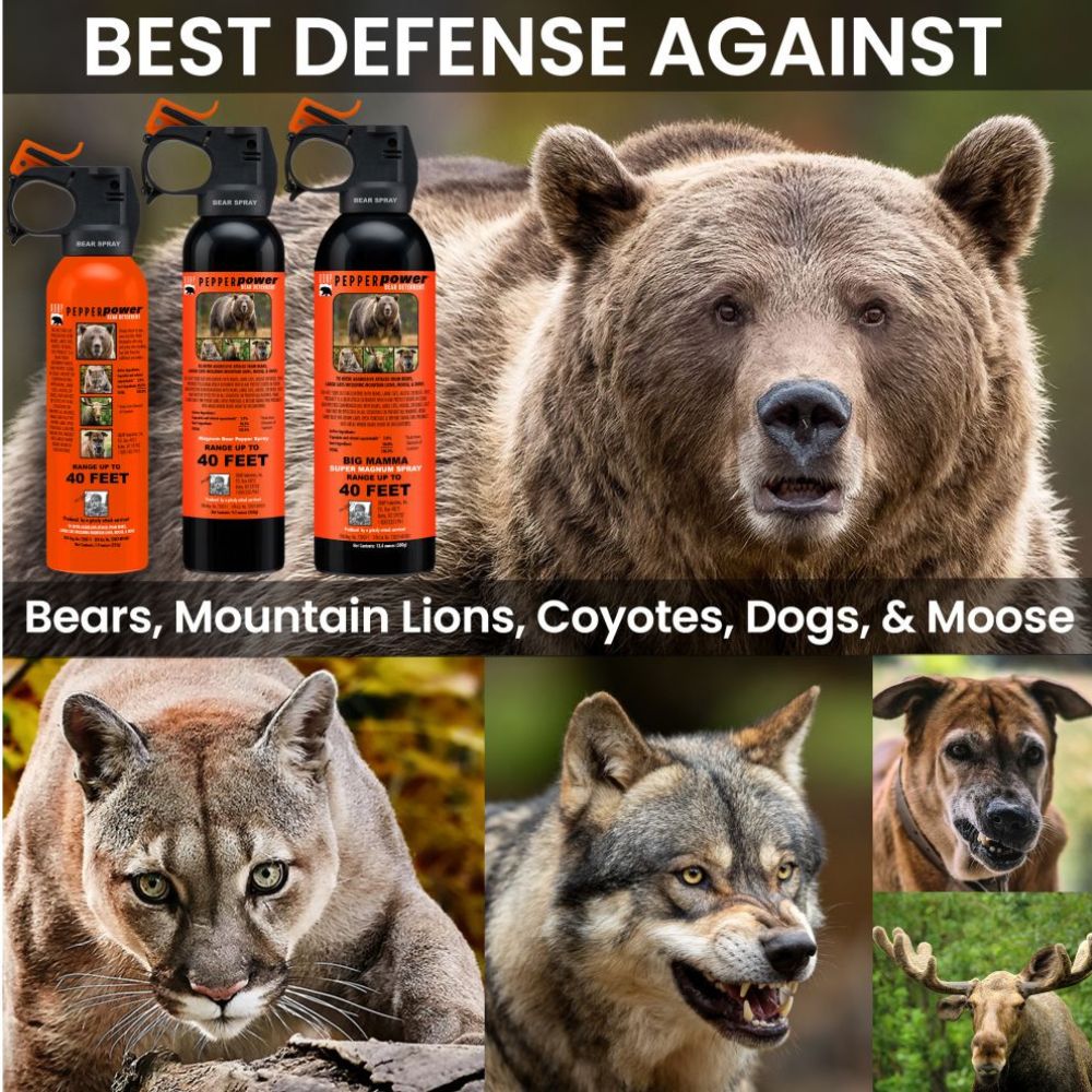 Advertisement for bear spray with images of a bear, mountain lion, coyote, dog, and moose.
