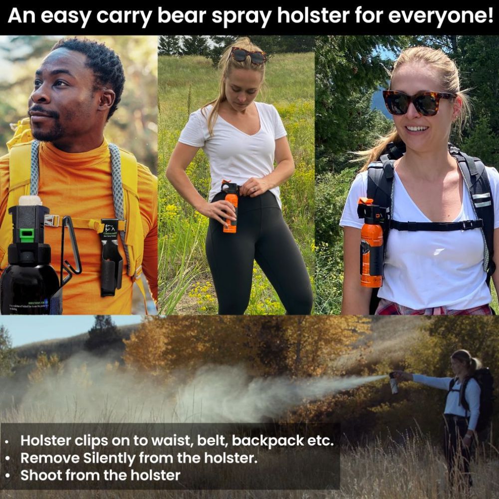 Advertisement for a bear spray holster with people using it in outdoor settings.