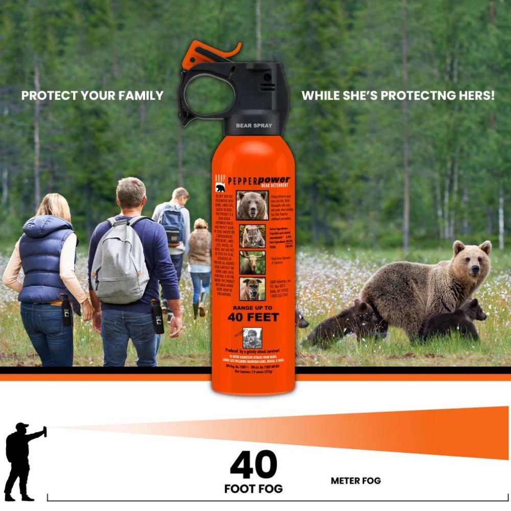 Bear spray canister with a bear and people in the background, emphasizing safety.