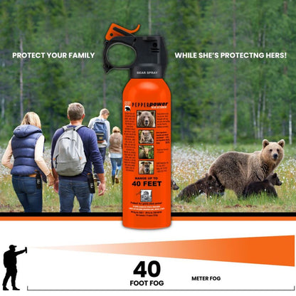 Bear spray canister with a bear and people in the background, emphasizing safety.