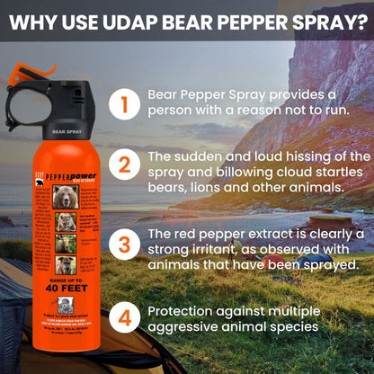UDAP Bear Pepper Spray with reasons for use against bears and other animals in a natural setting.
