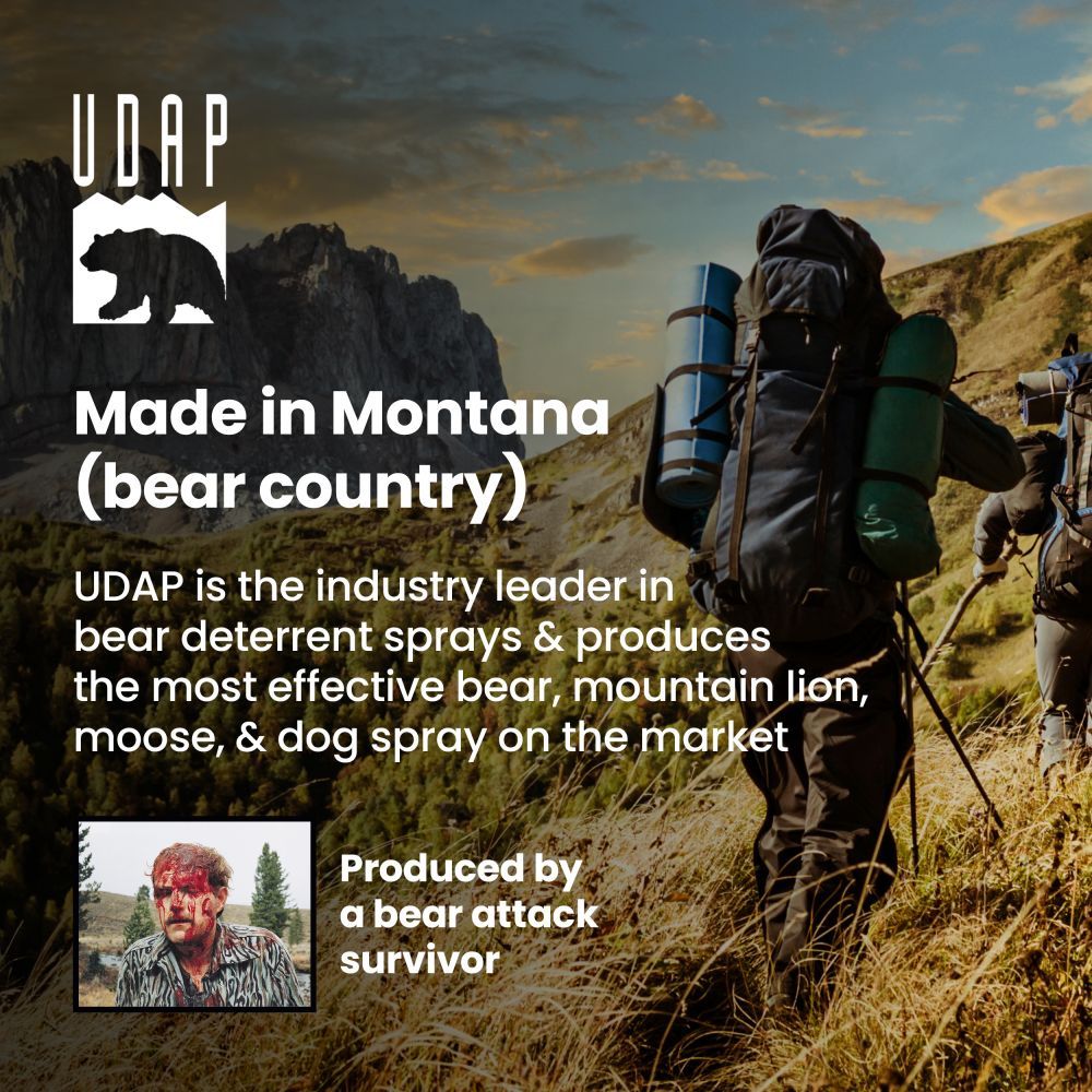 Hikers on a mountain trail with UDAP bear spray advertisement