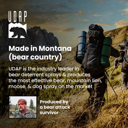 Hikers on a mountain trail with UDAP bear spray advertisement