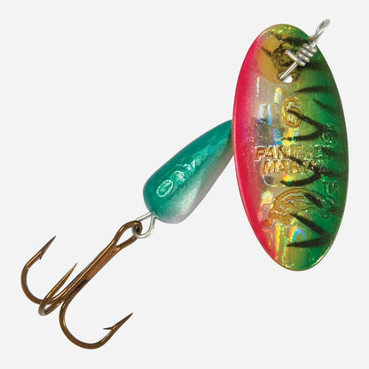 Colorful fishing lure with a brand name on a white background