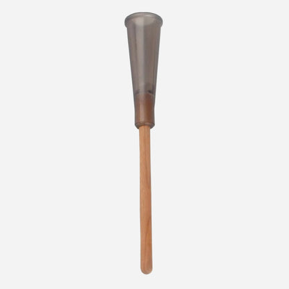Transparent plastic cone with wooden handle on a white background