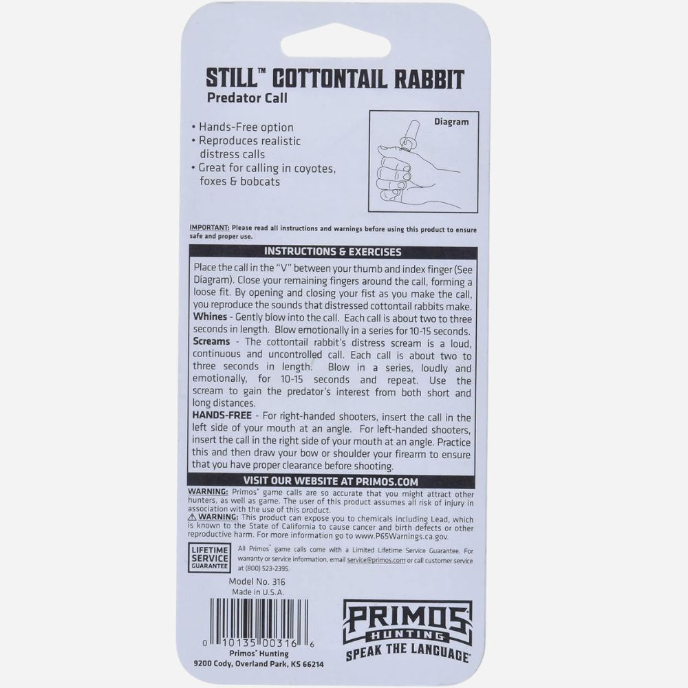 Back of a Primos Still Guttontail Rabbit Predator Call package, showing product details, instructions, a small diagram, and a barcode on a white background.
