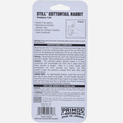 Back of a Primos Still Guttontail Rabbit Predator Call package, showing product details, instructions, a small diagram, and a barcode on a white background.