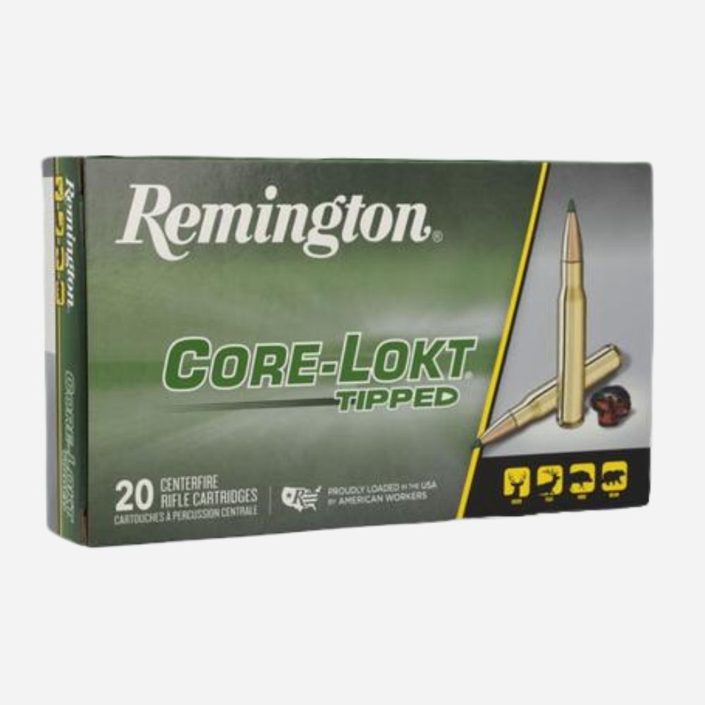 Remington Core-Lokt Tipped ammunition box on a white background