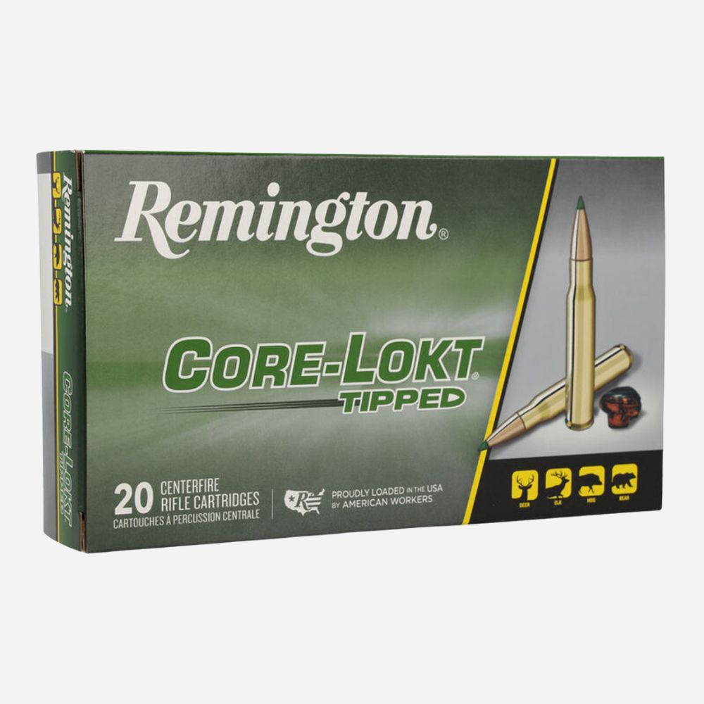 Remington Core-Lokt Tipped ammunition box on a white background