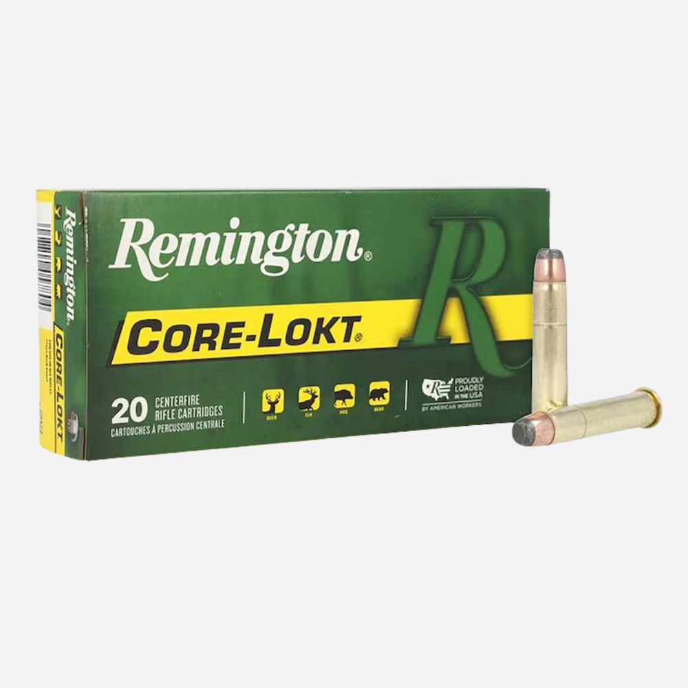 Remington Core-Lokt ammunition box with bullets on a white background