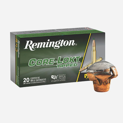 Remington Core-Lokt tipped ammunition box with a bullet on a white background