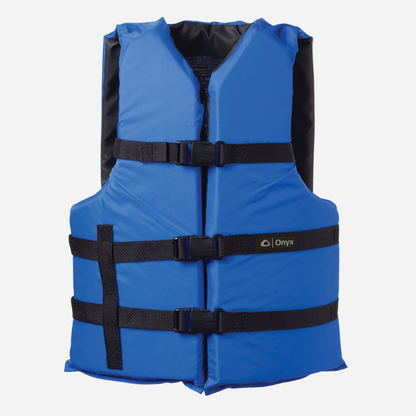 Blue life vest with black straps on a white background
