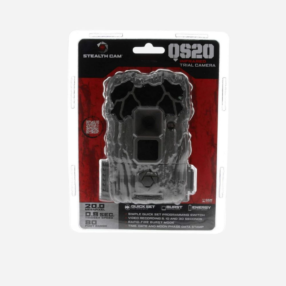 Stealth Cam QS20 trail camera packaging on a white background