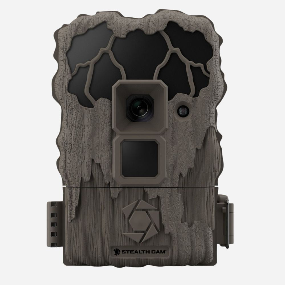 Stealth Cam trail camera with wood grain design on a white background