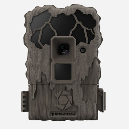 Stealth Cam trail camera with wood grain design on a white background
