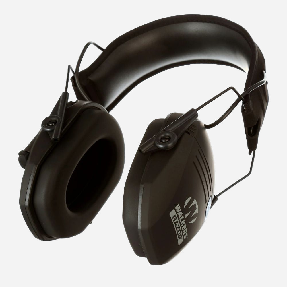 Black hearing protection earmuffs with a visible brand logo on a white background